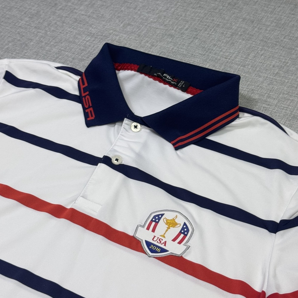 RLX Ralph Lauren Polo Shirt Mens L White Striped Golf USA Patch 2016 Performance